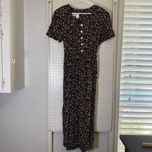 VTG 90s Chiasso Cottagecore Maxi Dress 16 Blue Floral Rosette Rayon Short Sleeve